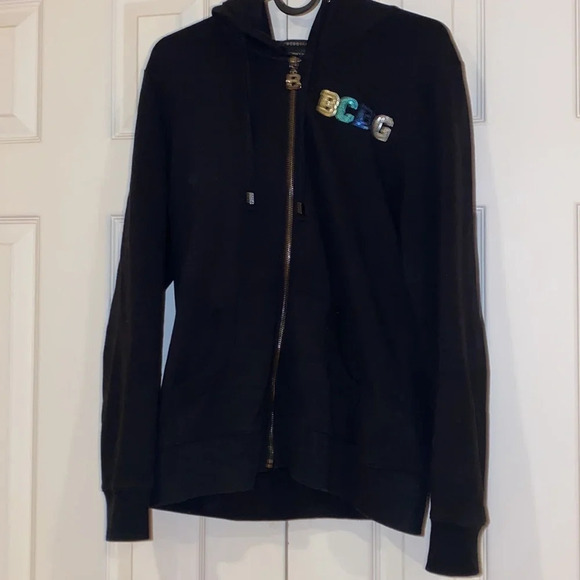 BCBG Maxazria  rhinestone logo black hoodie sweater Sz L - Picture 3 of 15